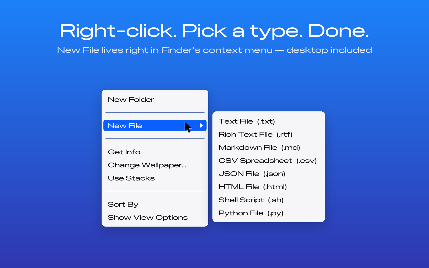 Finder context menu with the New File submenu showing eight file types